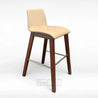 Bar stool with beige cushioned seat and wooden legs on a white background