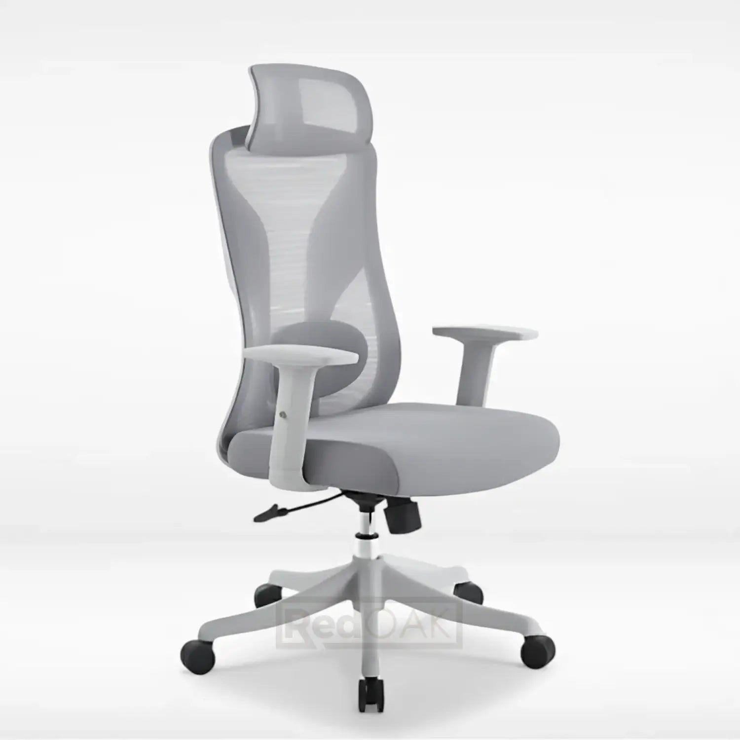 Gray office chair with mesh back on a white background