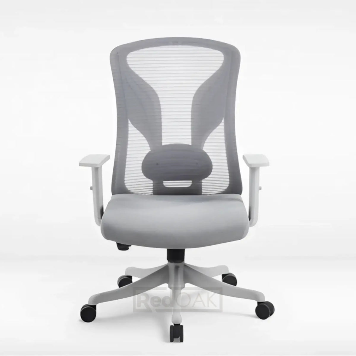 Gray office chair with mesh back on a white background