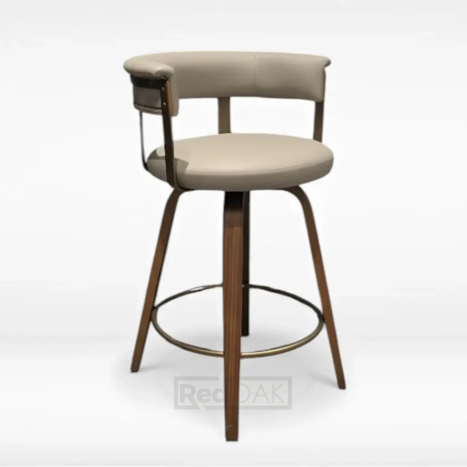 Bar stool with beige cushioned seat and backrest on a white background