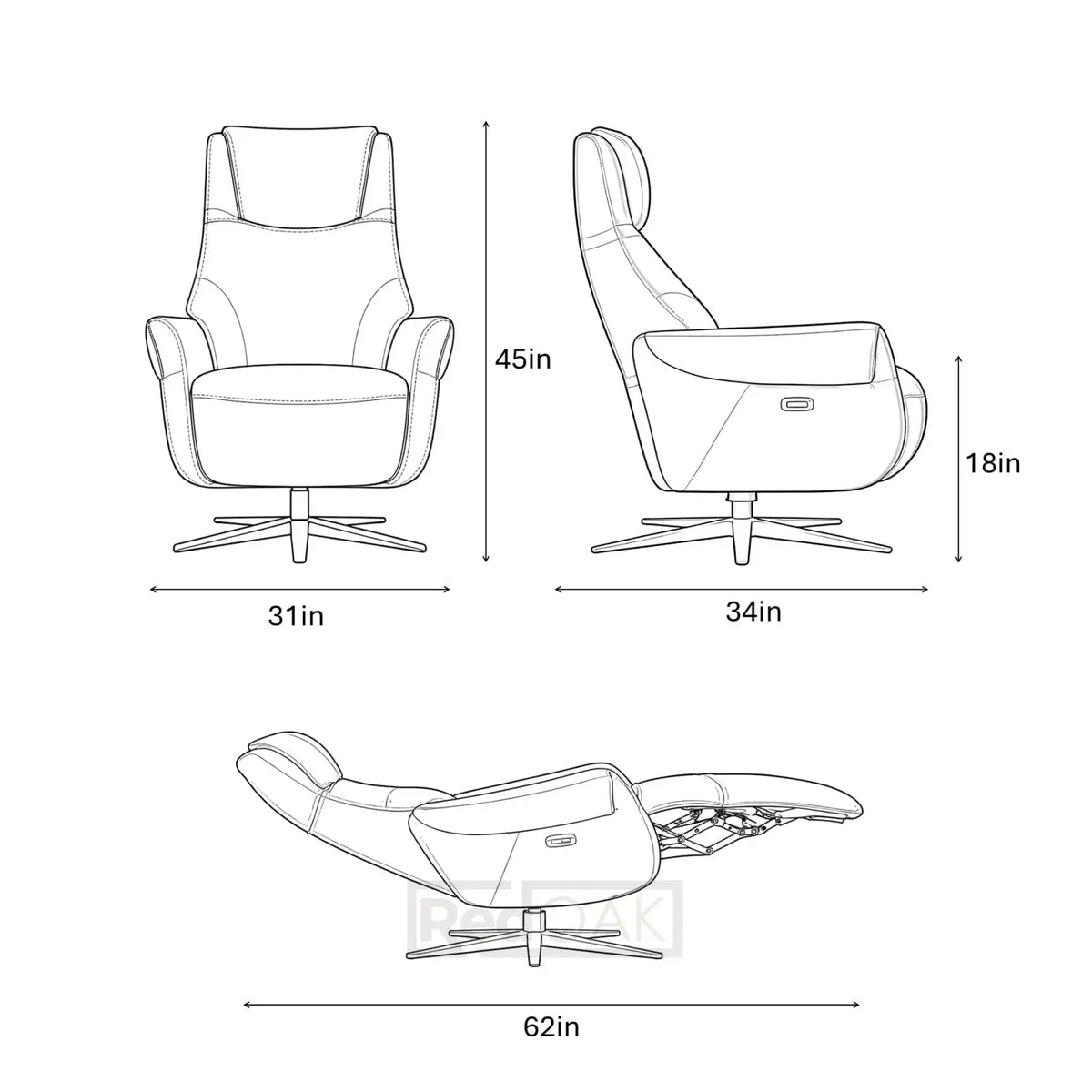 Line drawing of a recliner chair with dimensions labeled