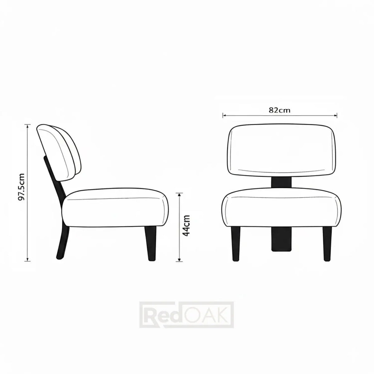 Dimensions of a chair and ottoman on a white background