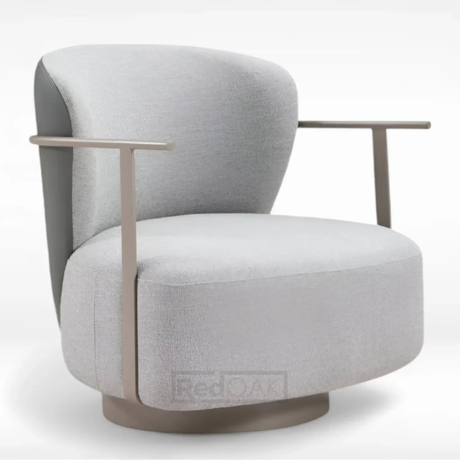 A gray upholstered RedOAK ROUGAN lounge chair with a swivel feature and a minimalistic design, including a round backrest and a broad seat, on a white background.