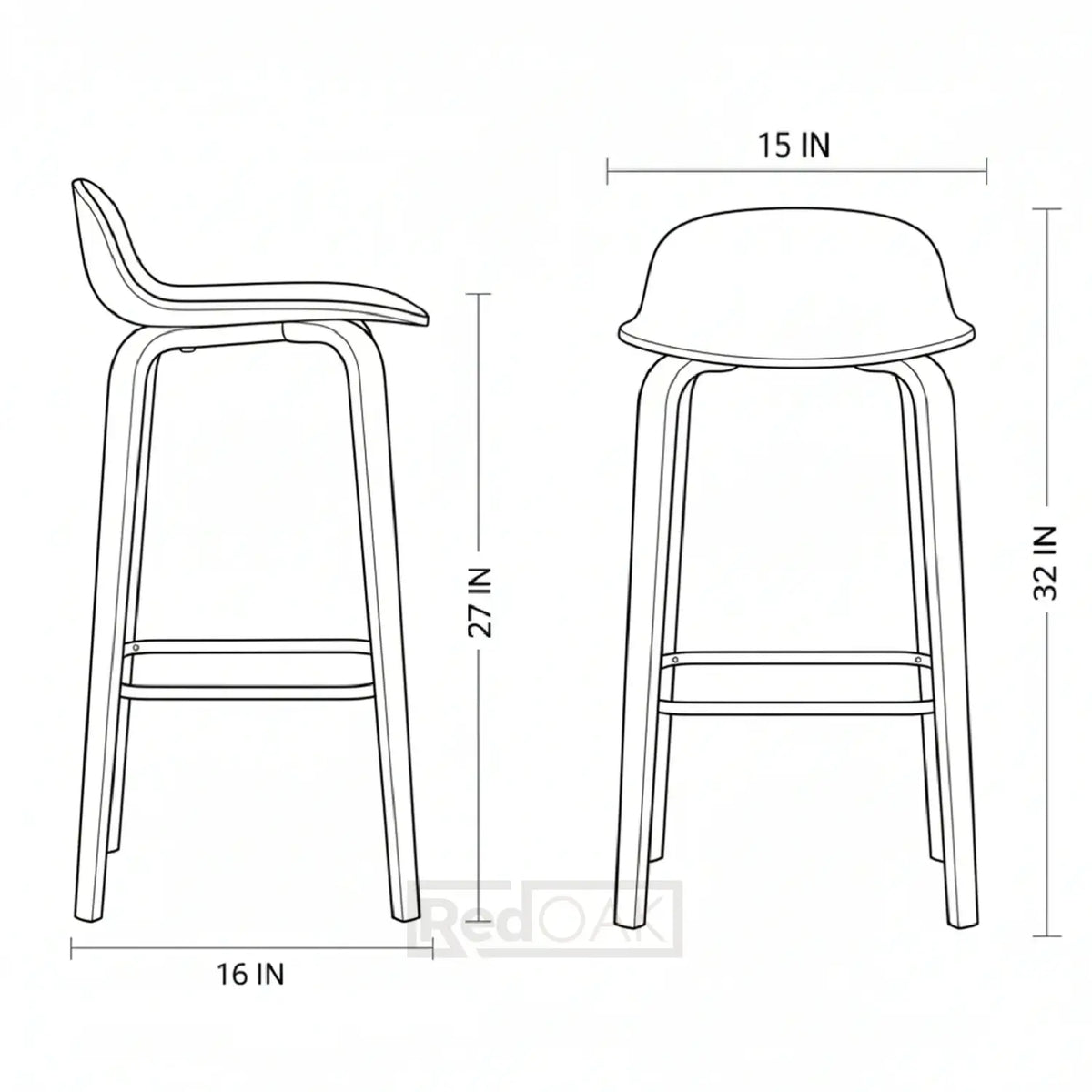 Line drawing of a bar stool with dimensions labeled