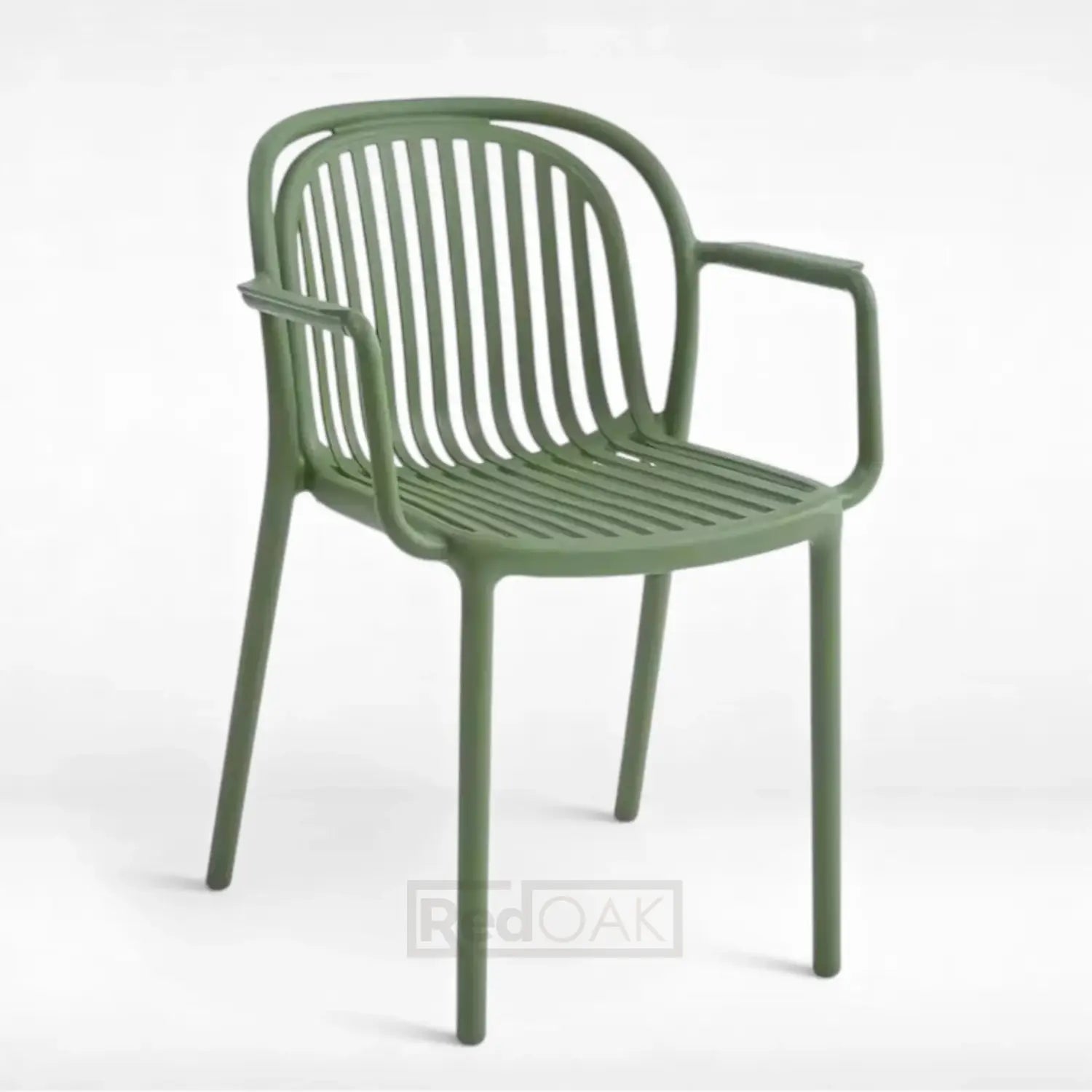 Green outdoor stackable chair with armrests