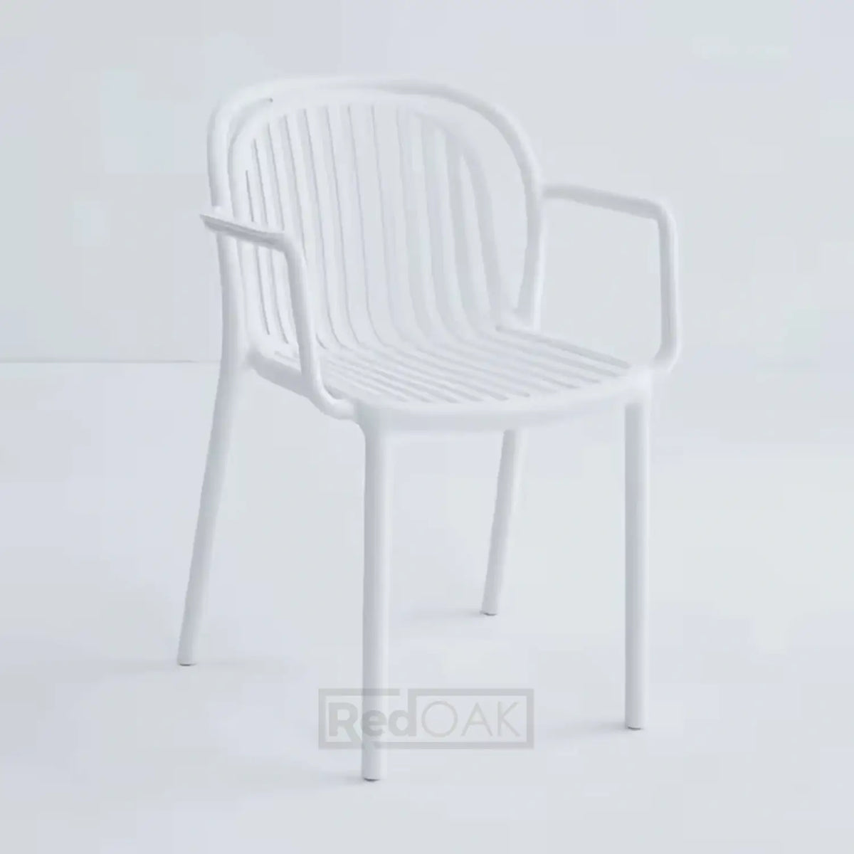 White stackable outdoor plastic chair with armrests
