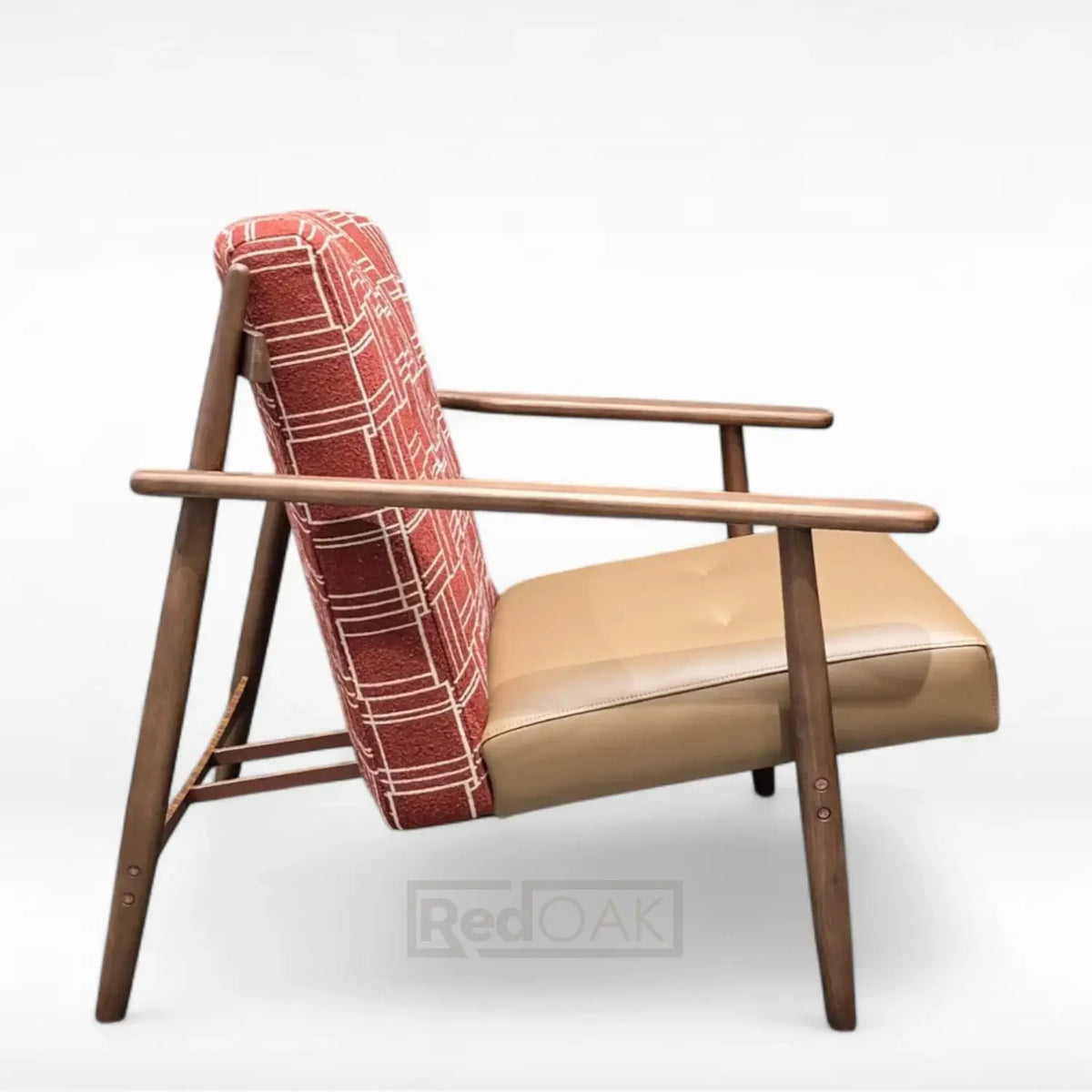 Chair with wooden frame, beige seat, and red plaid backrest on a white background