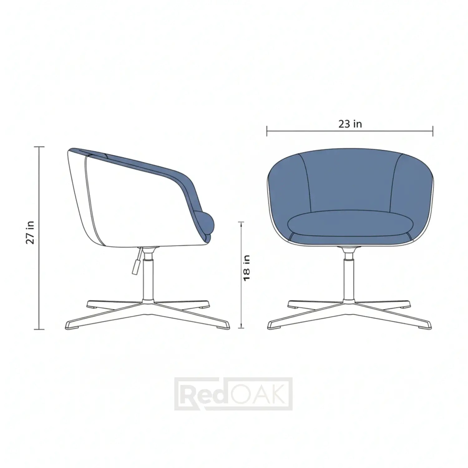 Blue chair with dimensions labeled on a white background