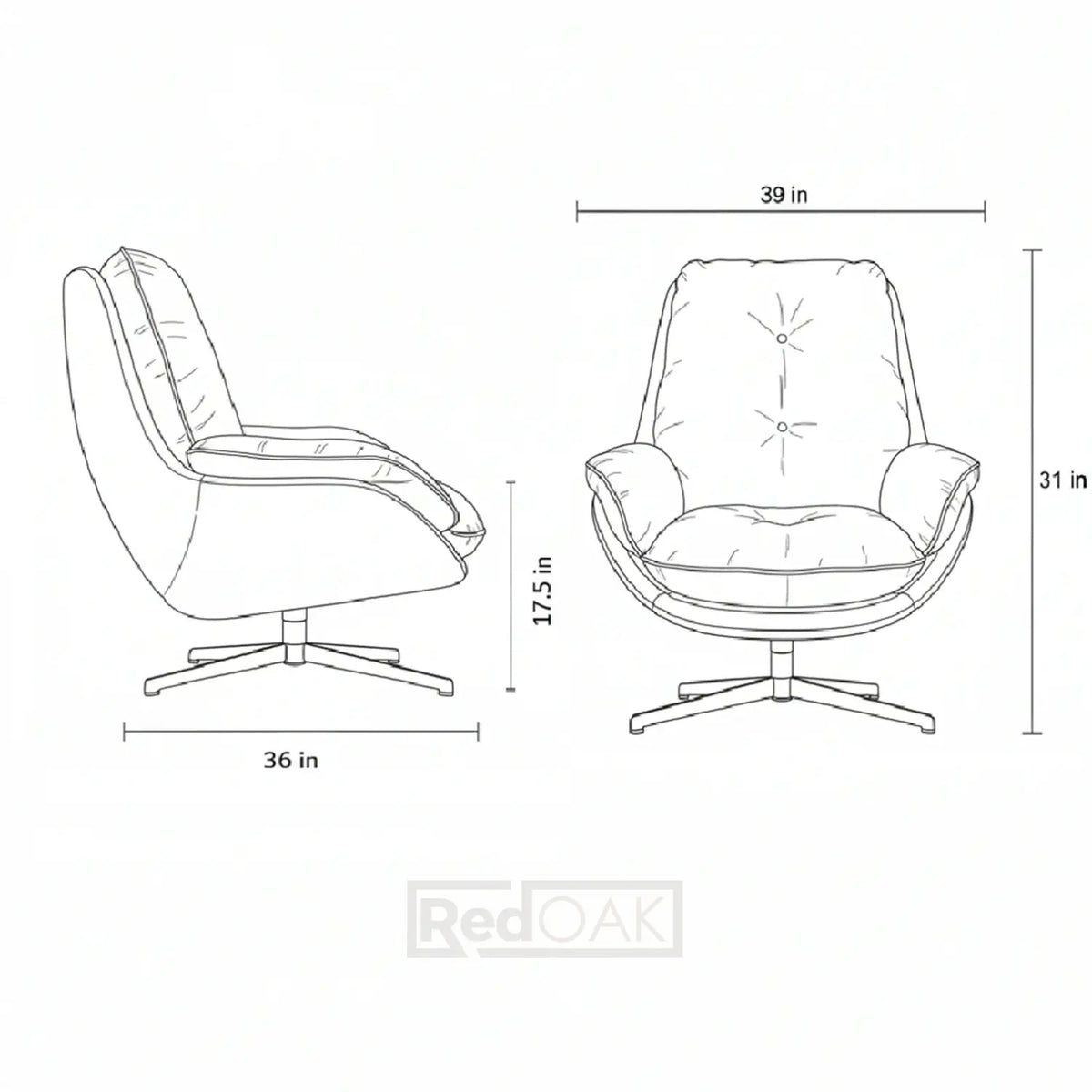 Line drawing of a modern chair with dimensions labeled