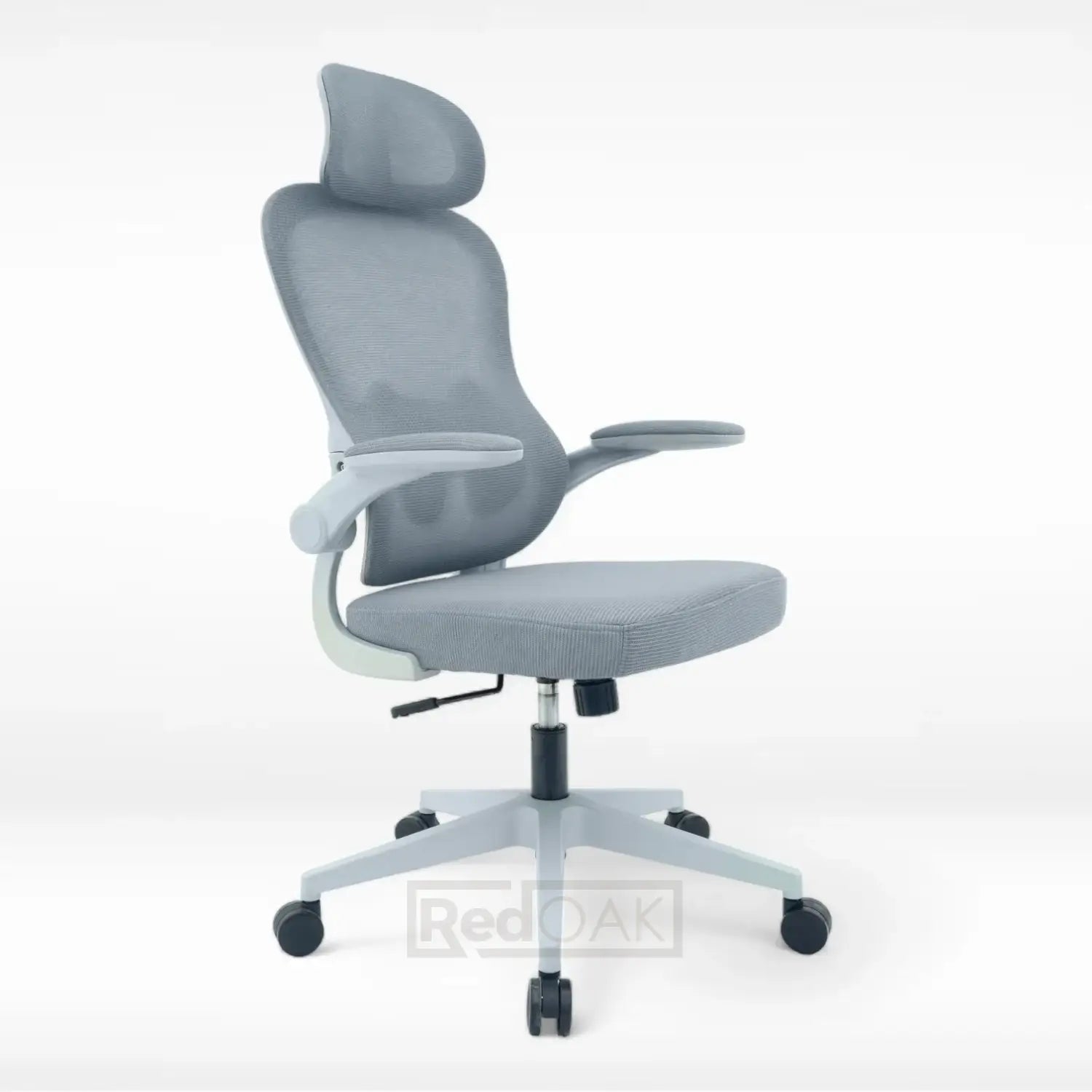 grey ergonomic office chair, flip-up armrests