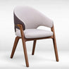 Modern chair with wooden legs and white cushioned seat and backrest on a white background