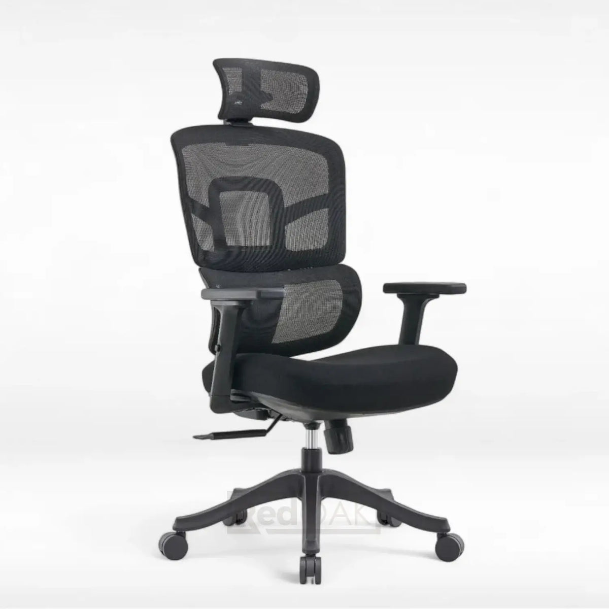 Black office chair with mesh back and headrest on a white background