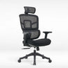 Black office chair with mesh back and headrest on a white background