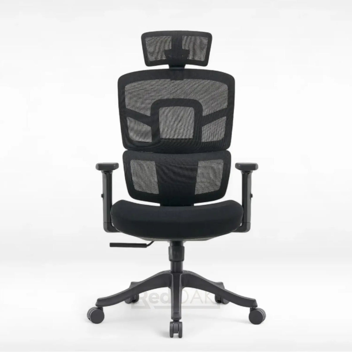Black office chair with mesh back on a white background