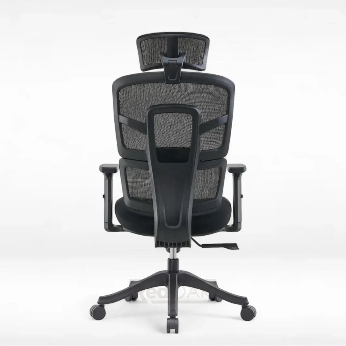 Black office chair with mesh back on a white background