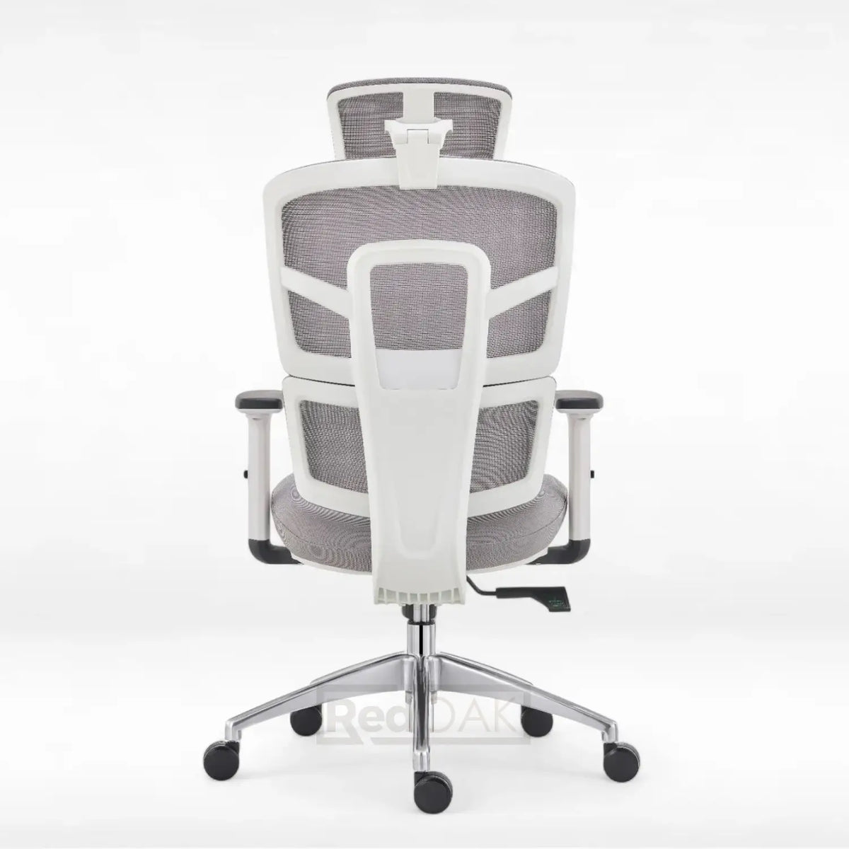 Gray and white office chair with mesh back on a white background