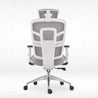 Gray and white office chair with mesh back on a white background