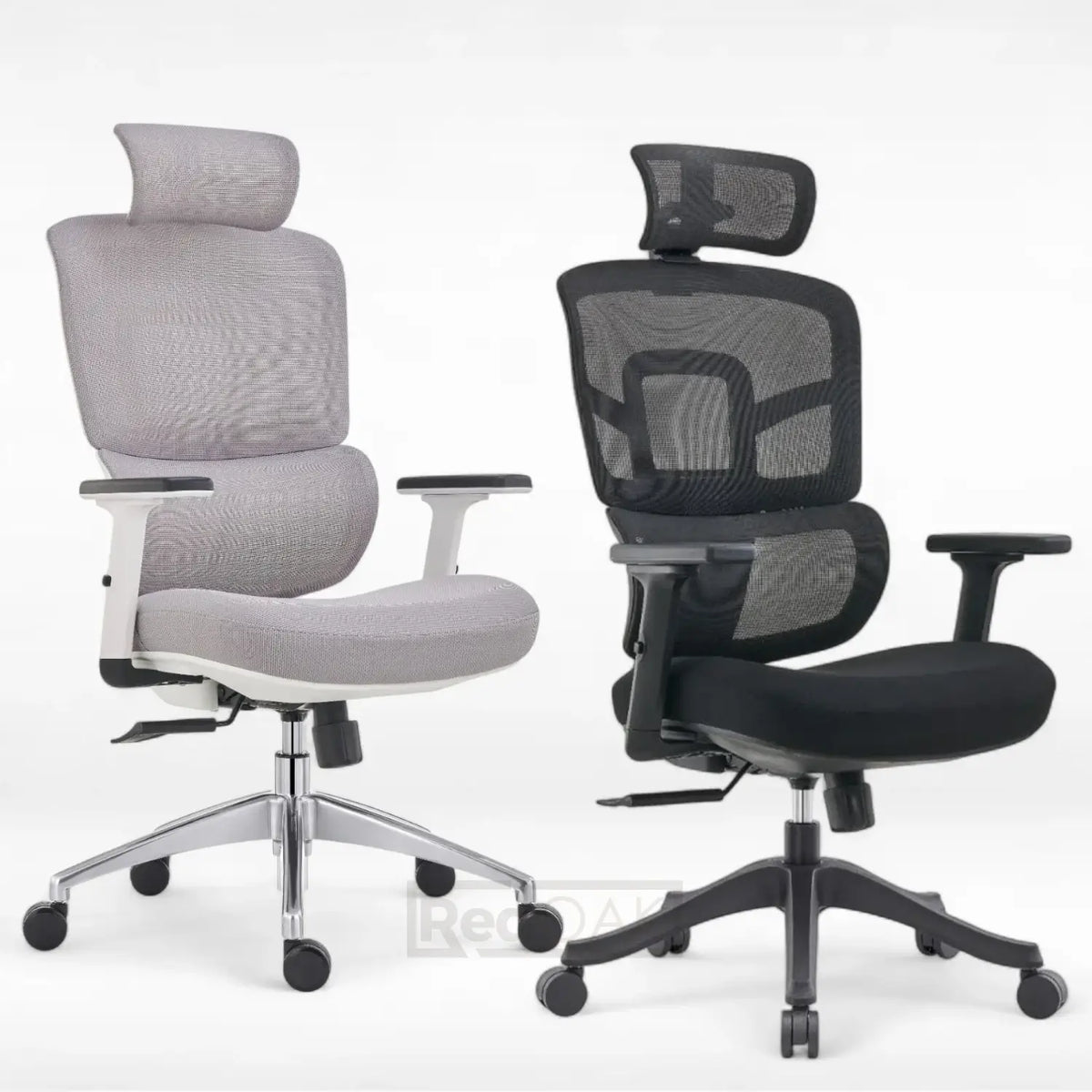 Two office chairs, one gray and one black, on a white background