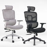 Two office chairs, one gray and one black, on a white background