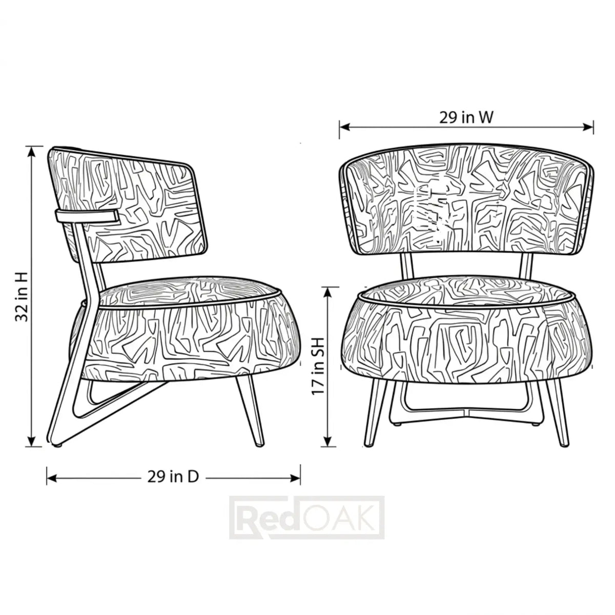 Line drawing of a chair with dimensions labeled