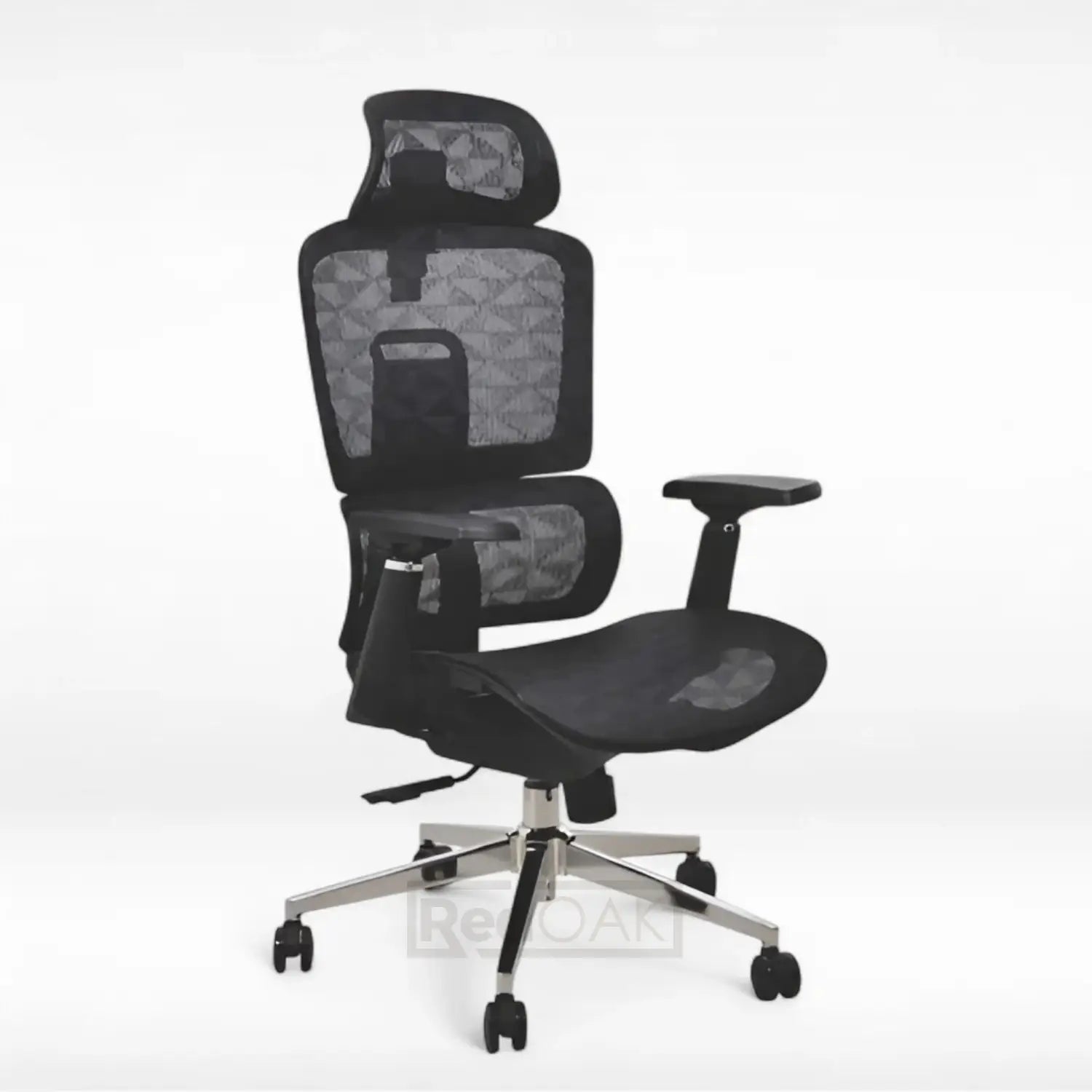 Black office chair with mesh backrest on a white background