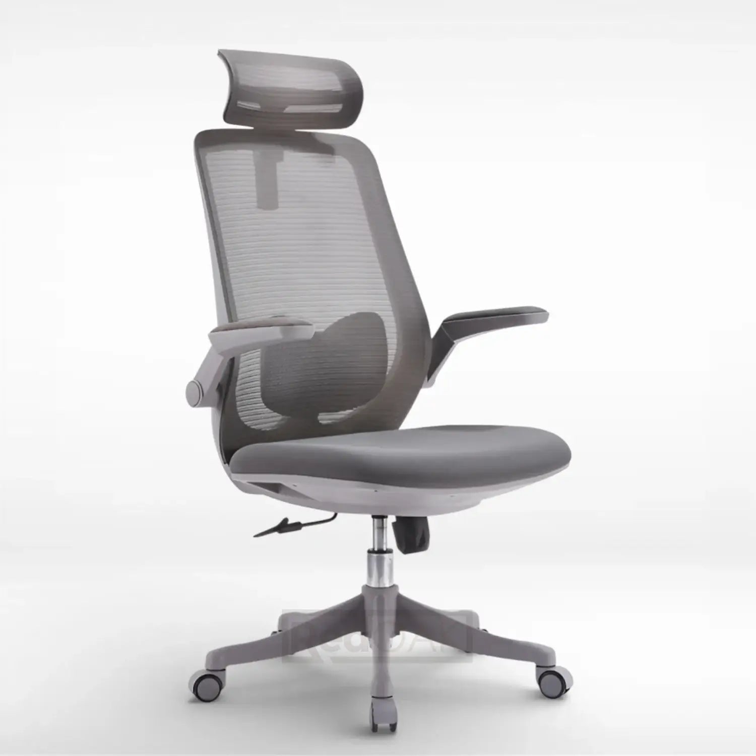 Gray office chair with mesh back on a white background
