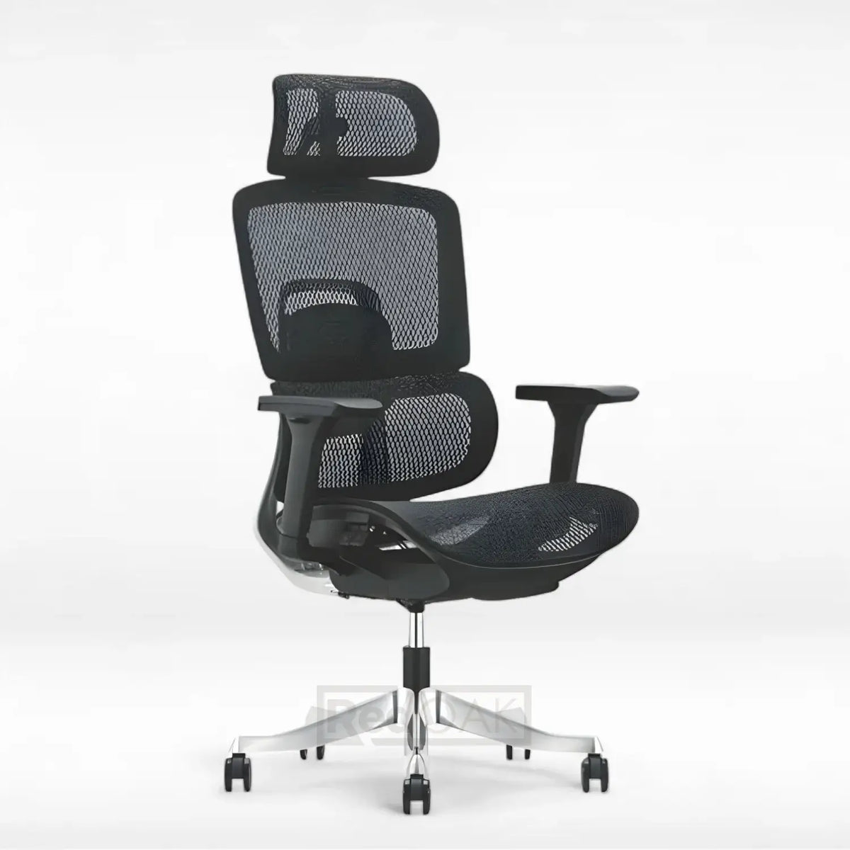 Black mesh office chair with headrest on a white background
