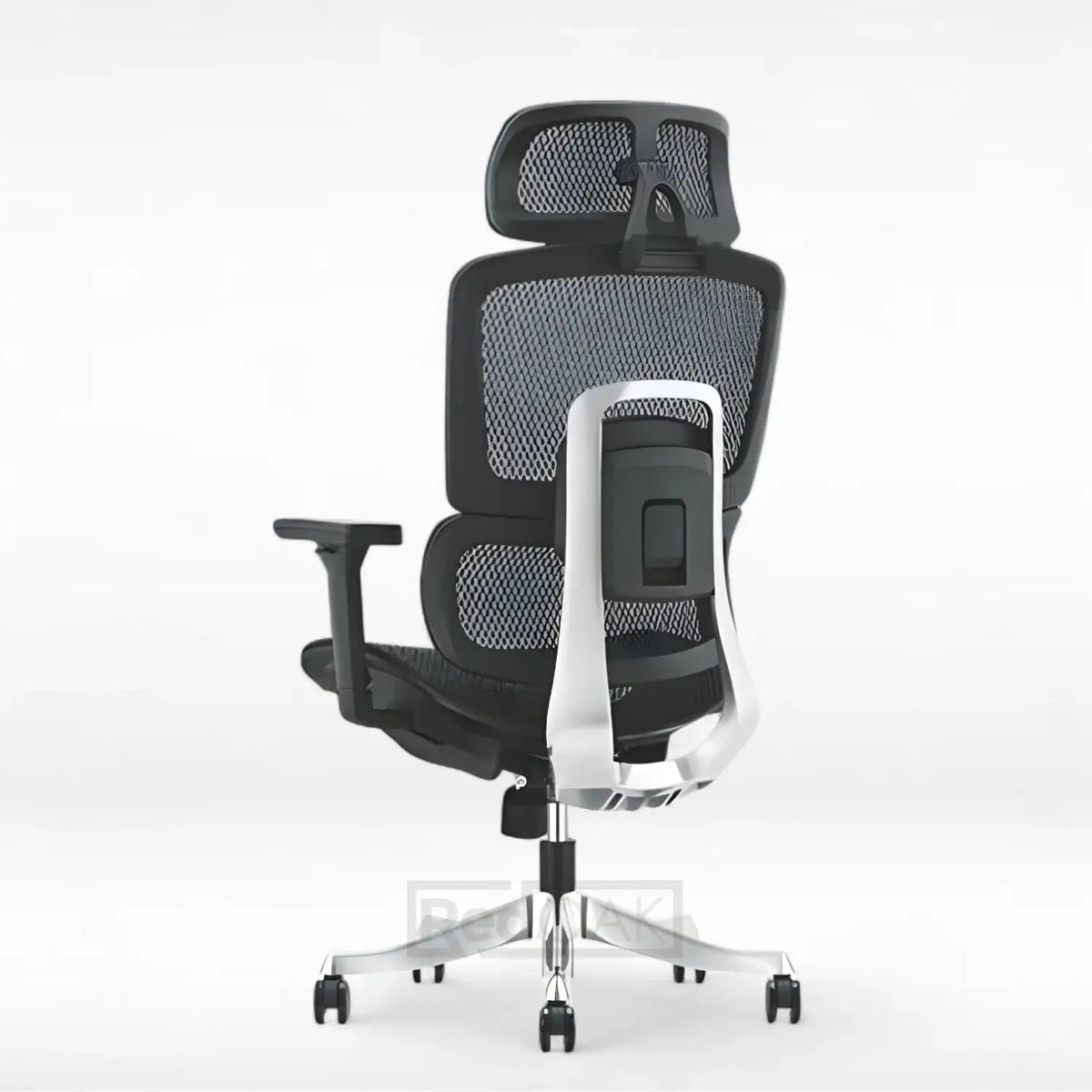 Black office chair with mesh backrest on a white background