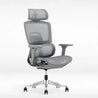 Gray mesh office chair with headrest on a white background