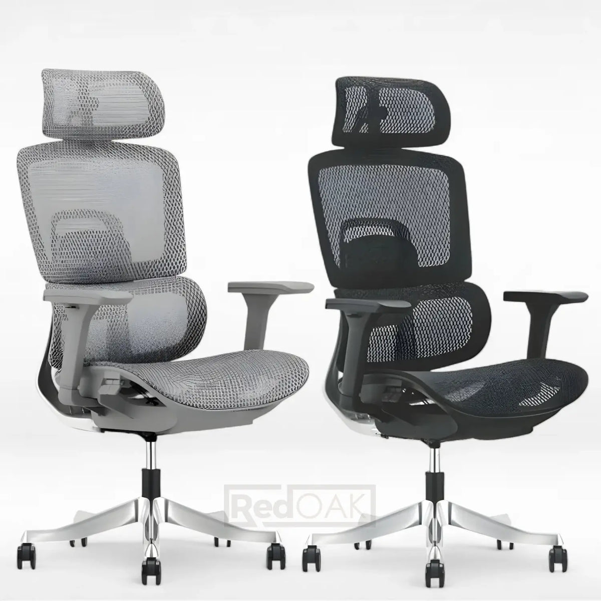 Two ergonomic office chairs, one gray and one black, on a white background.