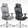 Two ergonomic office chairs, one gray and one black, on a white background.
