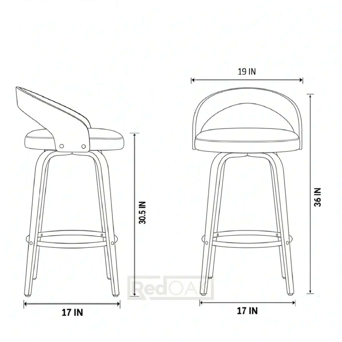 Dimensions of two stools shown in a line drawing format.