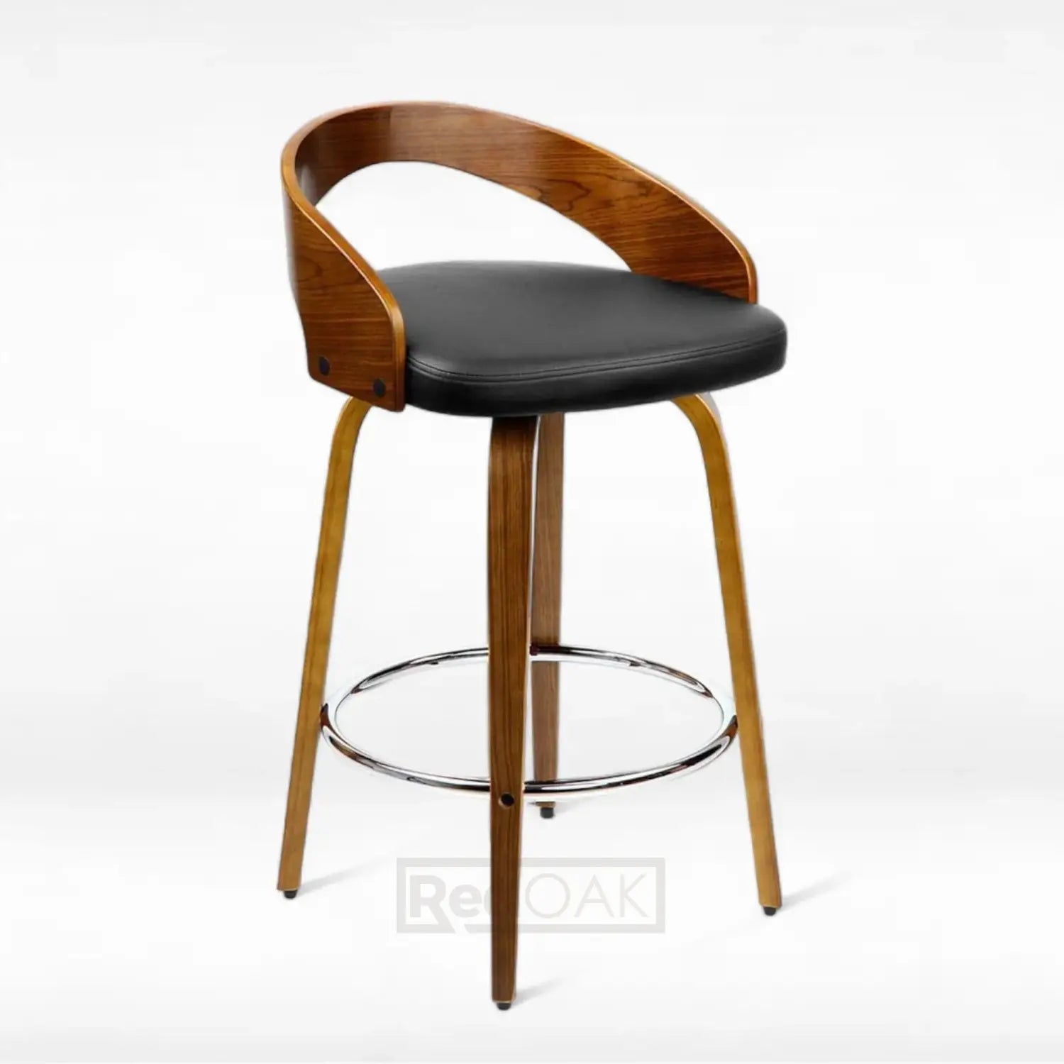 A black upholstered swivel bar stool with a wooden base and footrest, set against a white background.