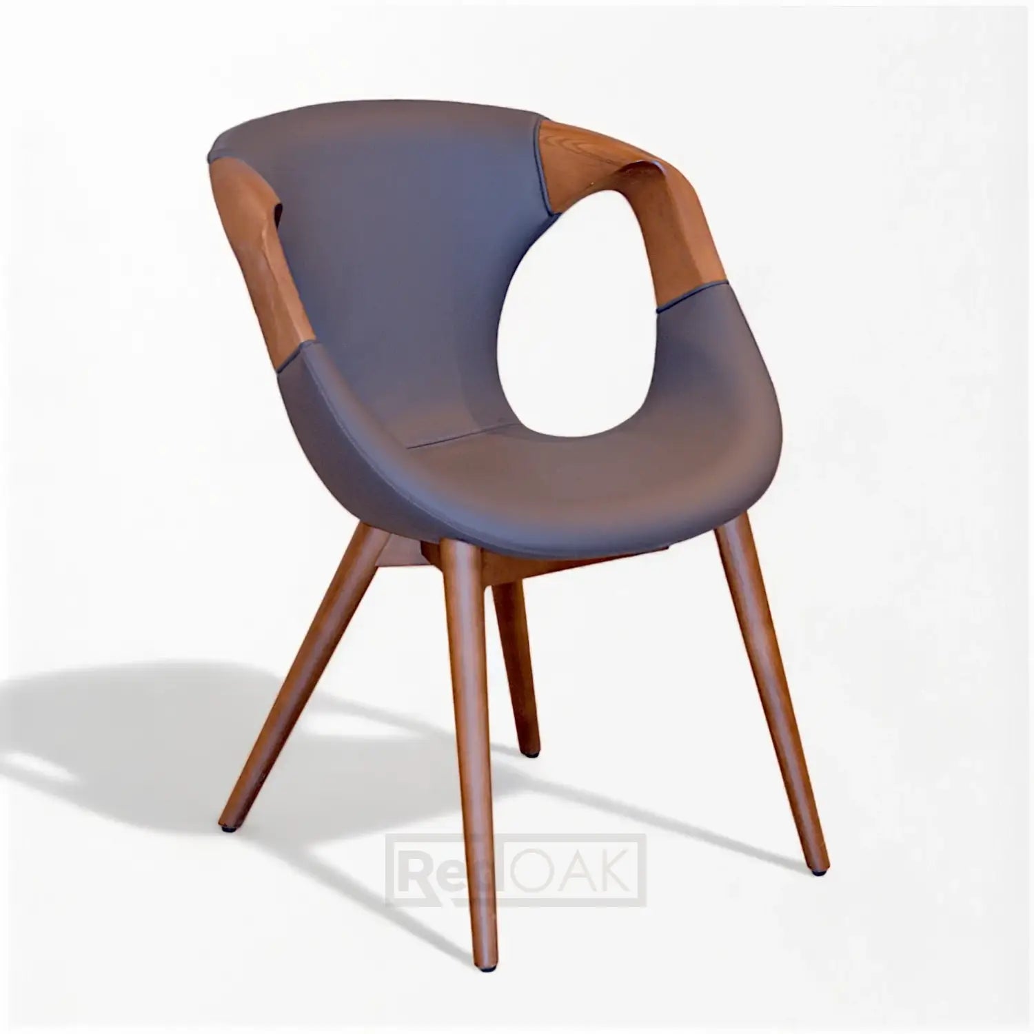 A modern dining chair with a curved wooden backrest and seat, featuring gray upholstery and black leatherette accents, supported by wooden legs.
