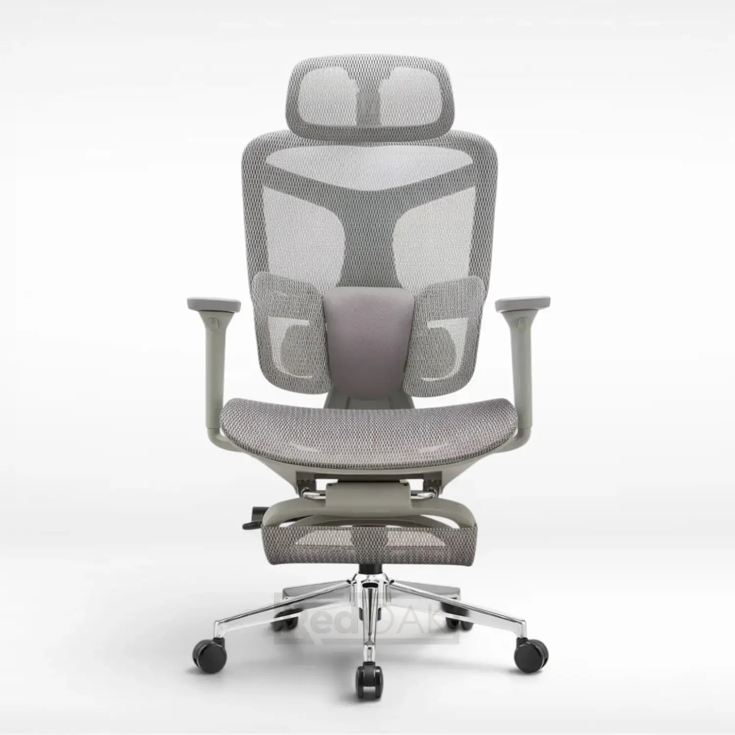 A modern ergonomic office chair with a light gray mesh back, headrest, and armrests, a matching mesh seat, a gray lumbar support cushion, and a chrome five-star wheeled base, shown against a plain white studio background.