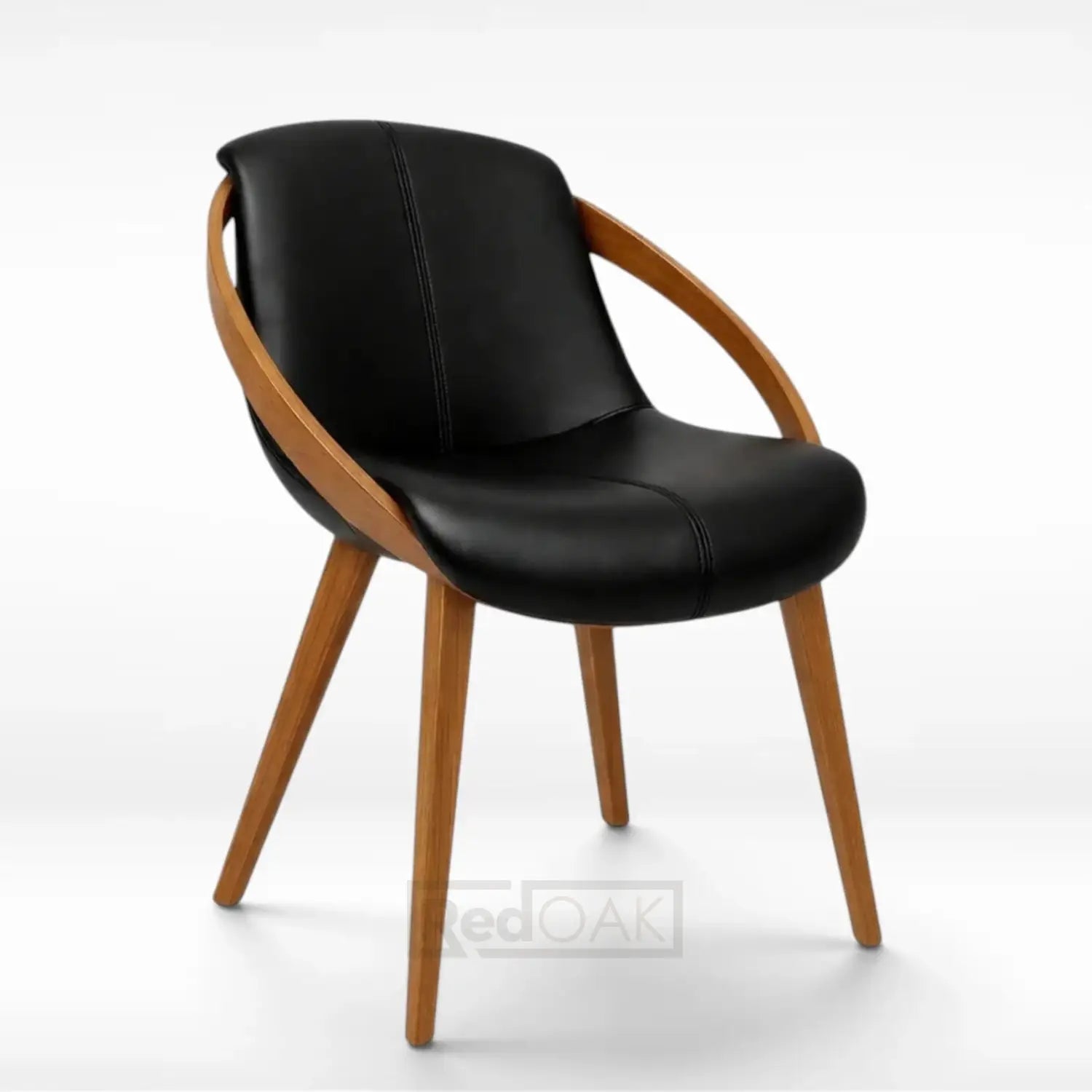 A modern accent chair with a black leather upholstered seat and curved backrest, supported by a light brown wooden frame with integrated armrests and tapered legs, shown on a white studio background.