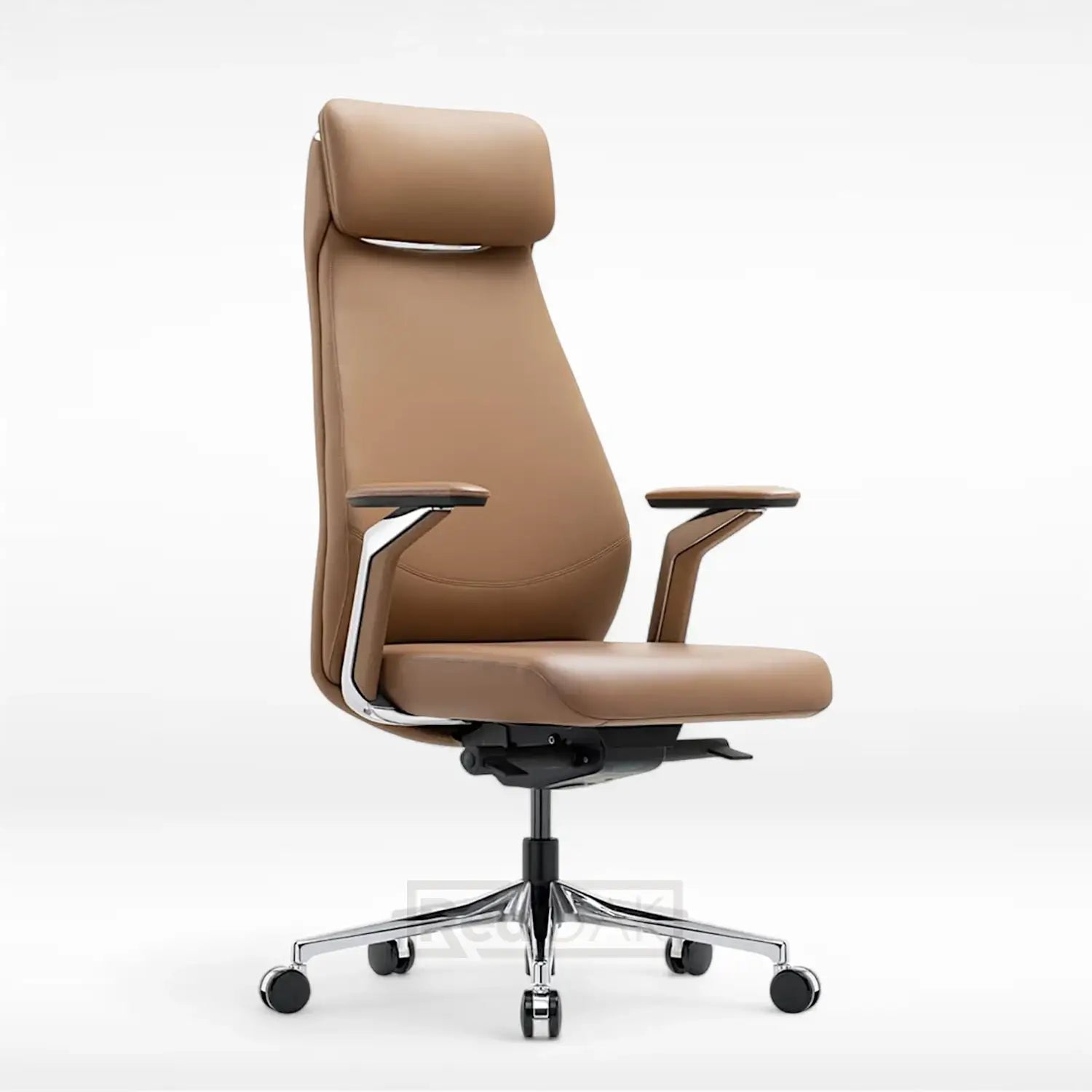 A tan high-back office chair with an adjustable headrest, aluminium armrests, and a five-star base with noiseless wheels.