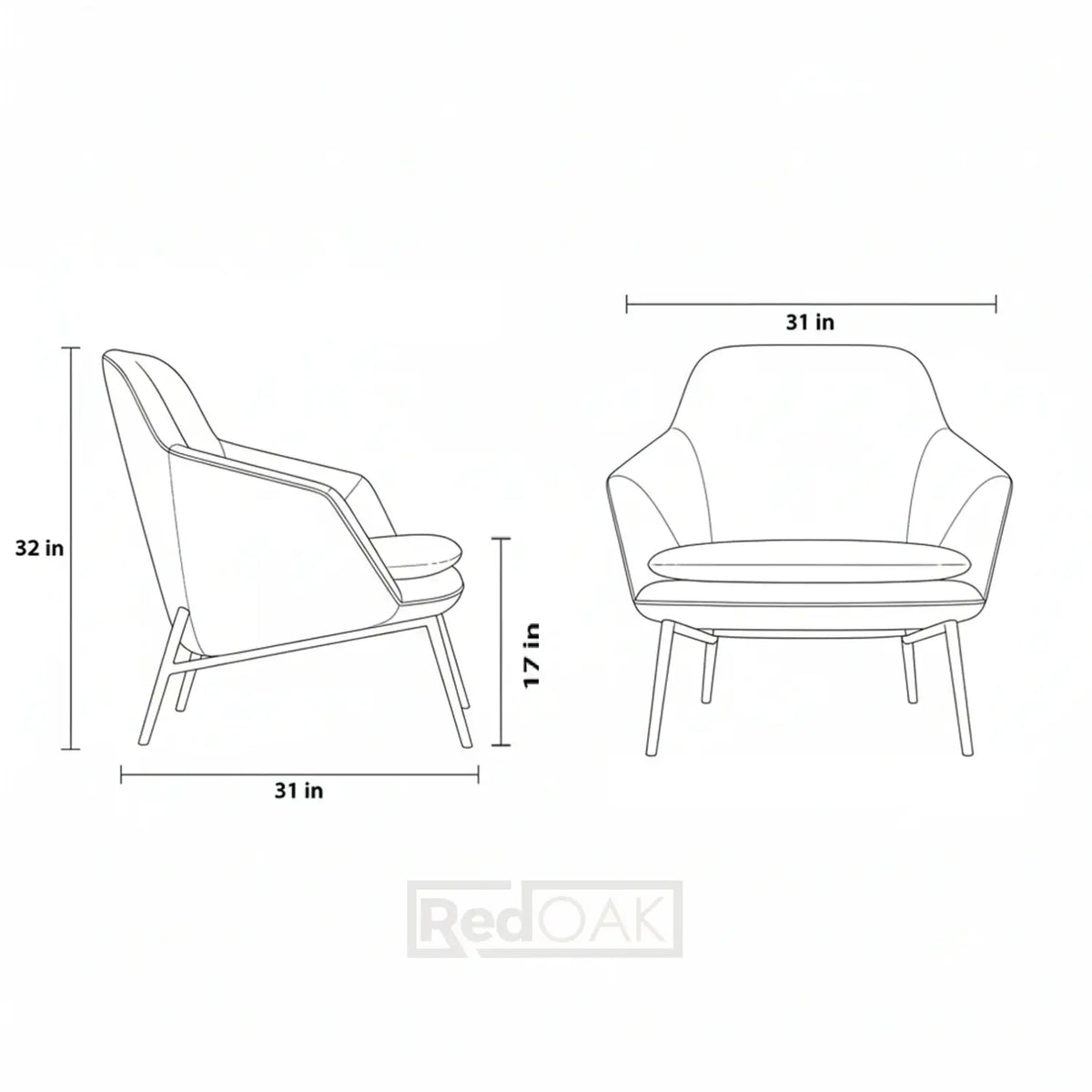Line drawing of a chair with dimensions labeled on a white background