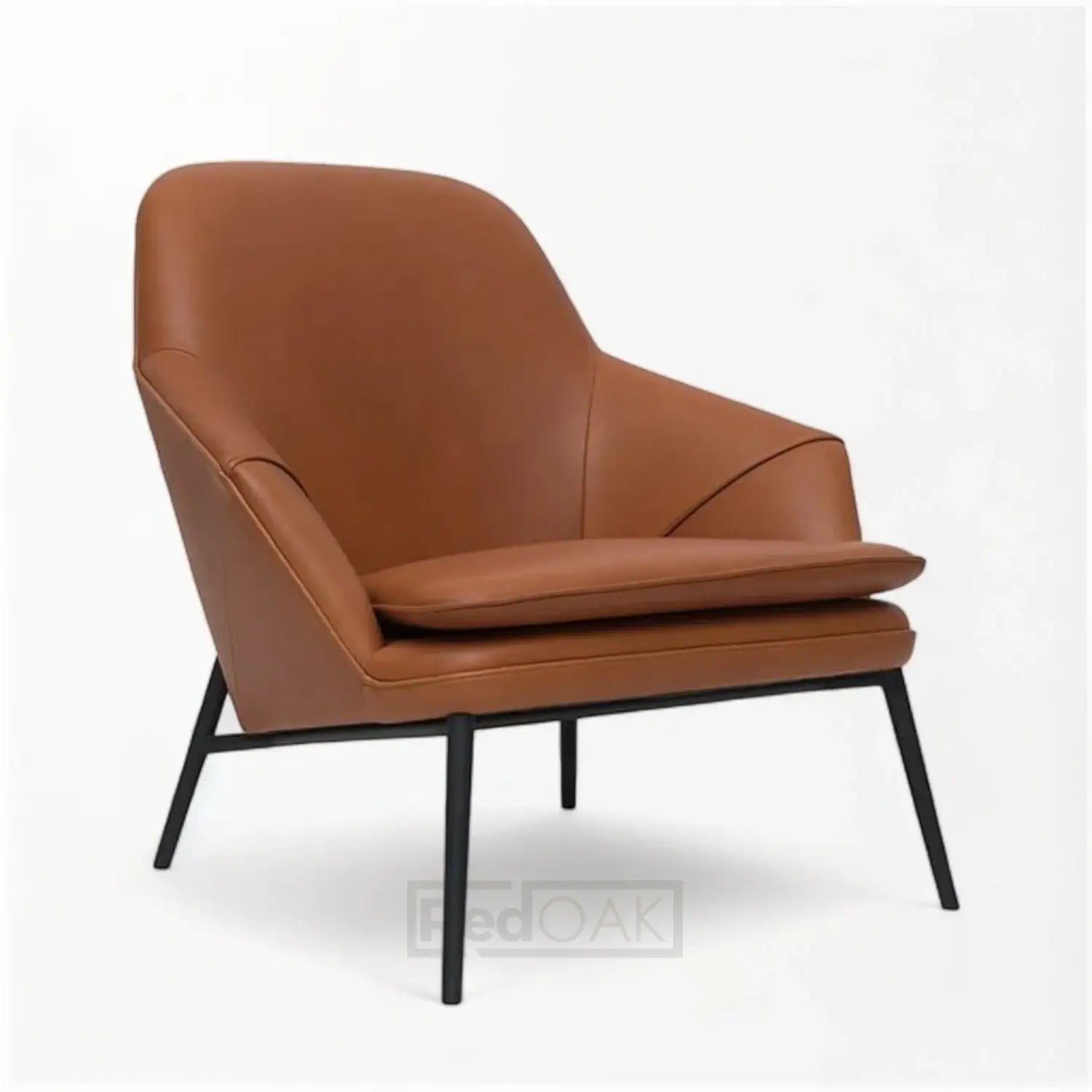 A brown mid-century modern lounge arm chair with a metal frame and legs, and moulded PU seating surface.