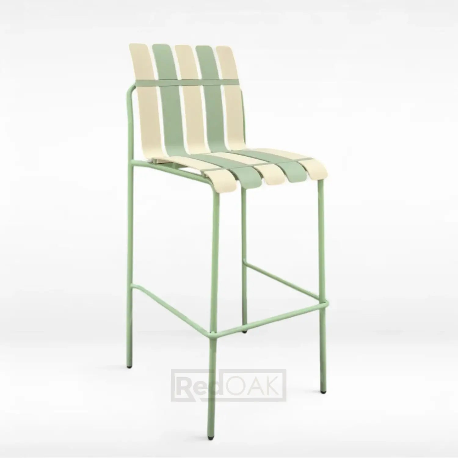 Bar stool with green and beige striped seat on a white background