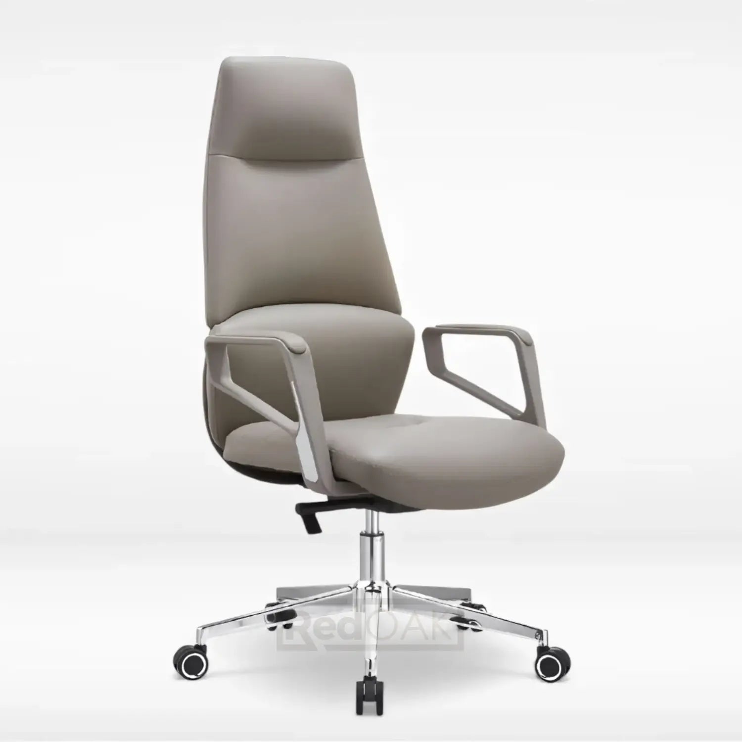 Gray office chair with a high backrest on a white background