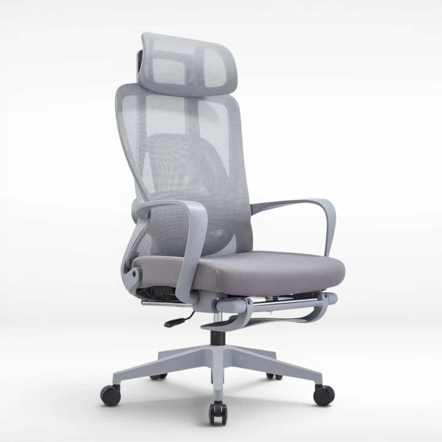 Gray office chair with mesh back on a white background