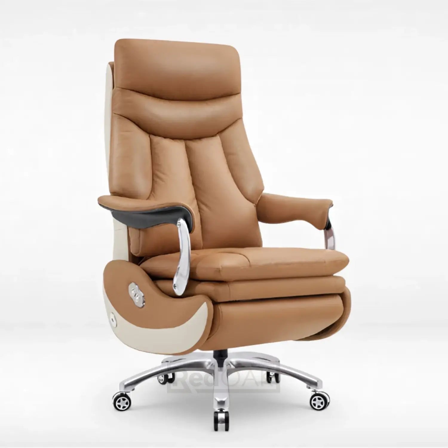 Brown leather motorised electric recliner office chair with armrests with massager