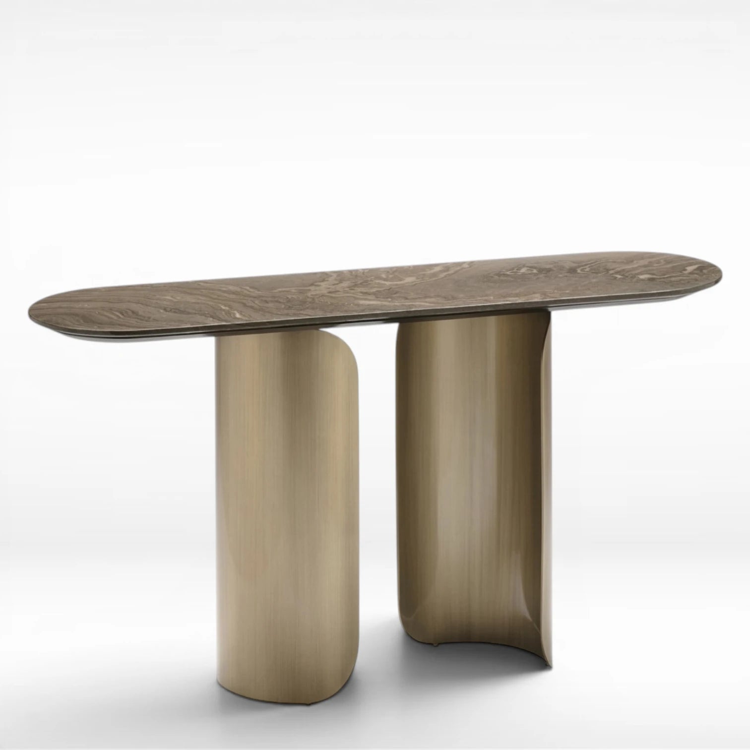RedOAK® Zoltan console table with an oval brown stone top and two curved antique bronze pedestal legs.
