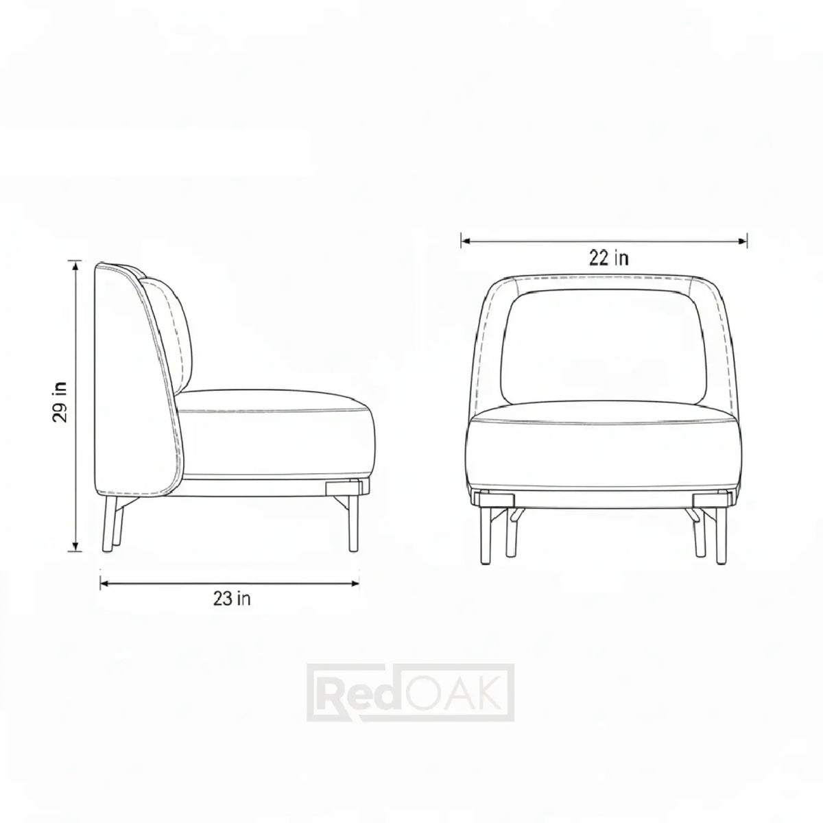 Line drawing of a chair with dimensions labeled on a white background