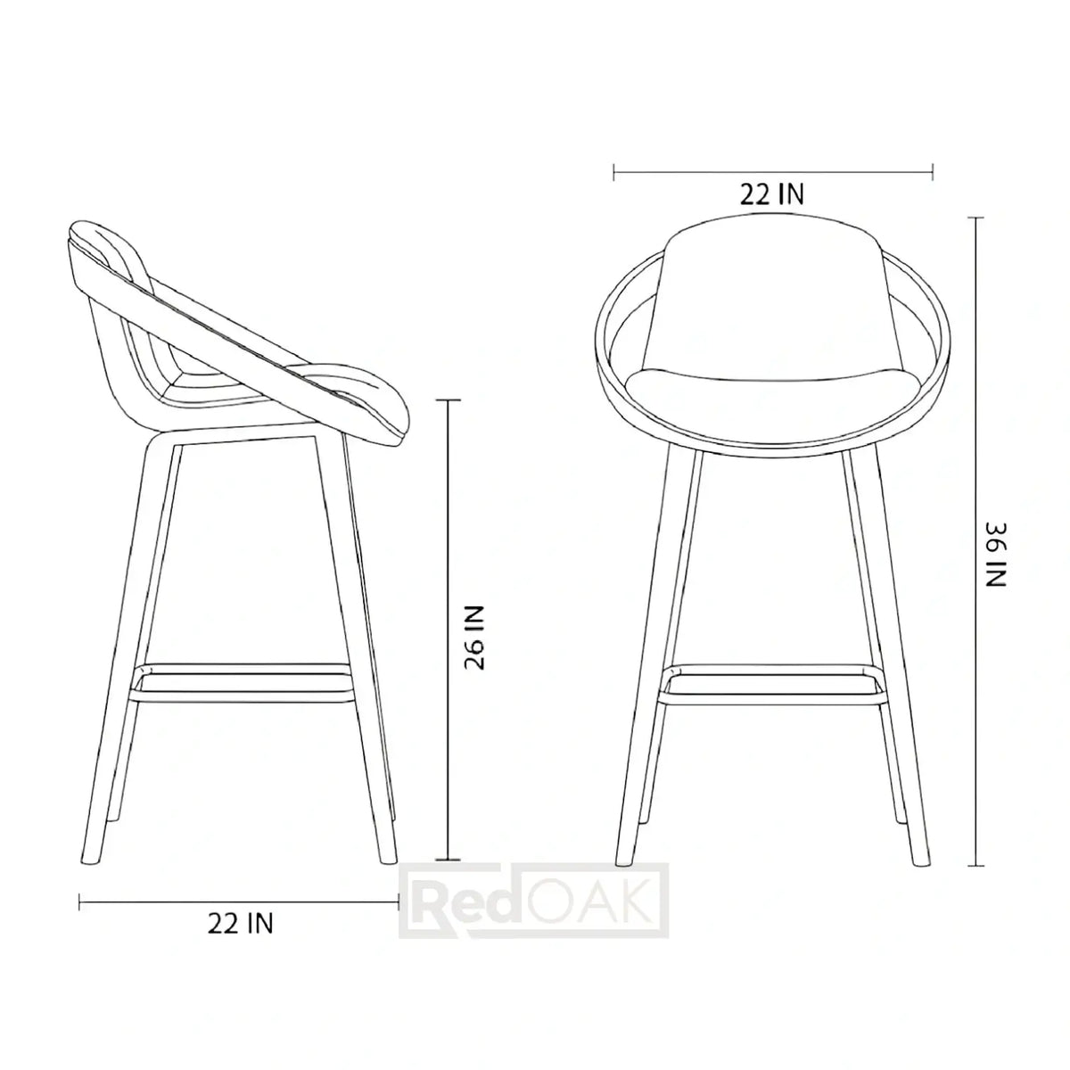 Line drawing of a bar stool with dimensions labeled